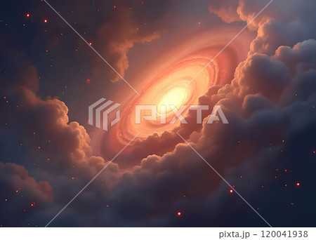 オレンジの渦巻銀河が魅惑的な宇宙の光景 120041938