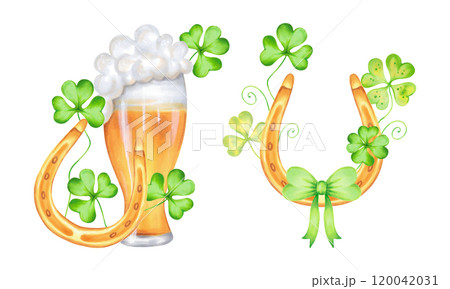 Golden horseshoe and glass of beer with clover leaves. Composition with symbol of St. Patrick's Day. Watercolor and marker illustration. Hand drawn isolated art. Elements of luck, wealth or success. 120042031