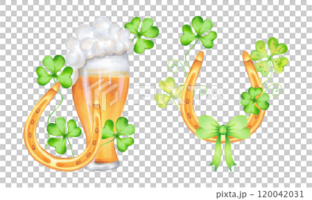 Golden horseshoe and glass of beer with clover leaves. Composition with symbol of St. Patrick's Day. Watercolor and marker illustration. Hand drawn isolated art. Elements of luck, wealth or success. 120042031