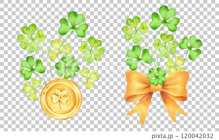 Gold coin and yellow bow with clover leaves. St. Patrick's Day composition. Watercolor and marker illustration. Hand drawn isolated art. Sketch of luck, wealth or success for holiday design. Gold coin and yellow bow with clover leaves. St. Patrick's Day composition. Watercolor and marker illustration. Hand drawn isolated art. Sketch of luck, wealth or success for holiday design. 120042032