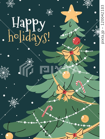 Greeting card with a Christmas tree decorated with garland, bows, and a star on a green background with snowflakes in a flat cartoon style. Vector illustration for Christmas poster, banner. 120042183