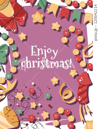 Christmas greeting card with fireworks, a party popper, a garland, and confetti on a pink background in a flat cartoon style. Vector illustration for poster, banner, invitation, etc. Christmas greeting card with fireworks, a party popper, a garland, and confetti on a pink background in a flat cartoon style. Vector illustration for poster, banner, invitation, etc. 120042214