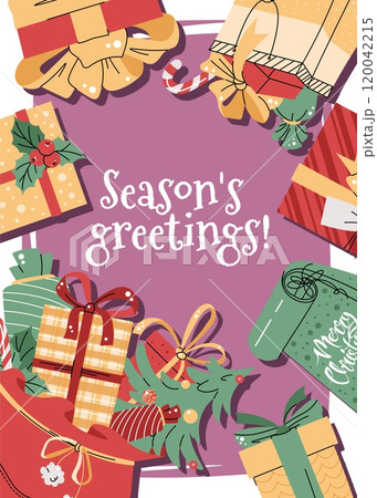 Christmas greeting card with gifts on a pink background in a flat cartoon style. Vector illustration for poster, banner, invitation, etc Christmas greeting card with gifts on a pink background in a flat cartoon style. Vector illustration for poster, banner, invitation, etc 120042215