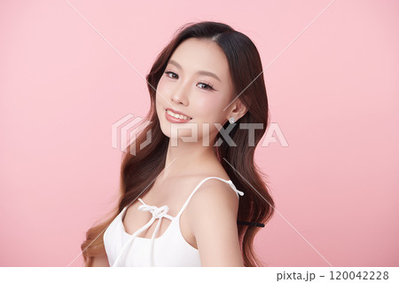 Beautiful young asian woman with clean fresh skin on pink background, Face care, Facial treatment, Cosmetology, beauty and spa, Asian women portrait. 120042228