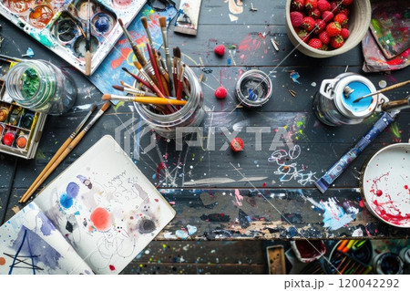 Discover creative inspiration on a dark wood desk filled with artistic tools and fresh strawberries 120042292