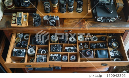 Explore the hidden treasures inside a vintage wooden desk with built-in drawer for camera lenses 120042293