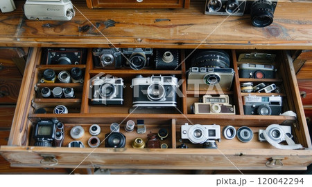 Explore the vintage charm of a wooden desk featuring a built-in drawer filled with classic cameras 120042294