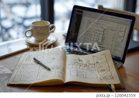 Explore creative ideas and organize your thoughts with an open notebook and laptop 120042359