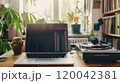 A laptop sits open on a desk beside a turntable and potted cactus in a bright workspace 120042381
