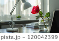 Enhance your workspace aesthetics with a minimalist white lamp and rose arrangement 120042399