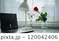 Create a stylish and productive workspace with a minimalist white lamp and fresh flowers 120042406