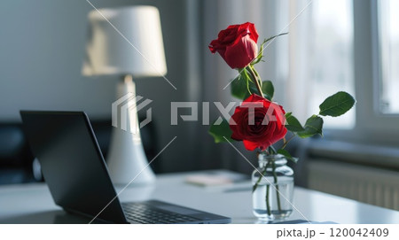 Create a serene workspace with a minimalist desk elegant lamp and vibrant roses 120042409