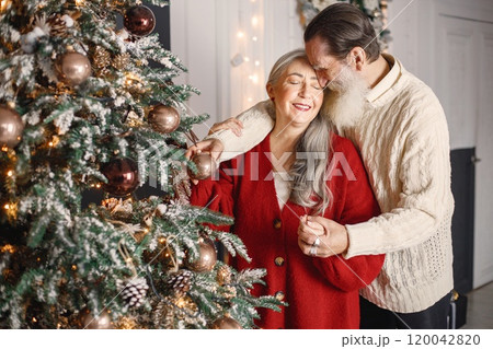 Senior man celebrating christmas with his wife near beautiful christmas tree. Old bearded man standing near his wife with grey hair. Man wearing white sweater and woman red one. 120042820