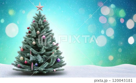 雪が降る夜にきらめく可愛いクリスマスツリー 120043181