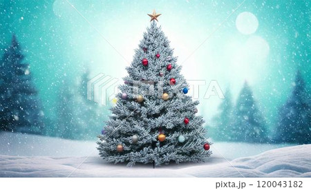 雪が降る夜にきらめく可愛いクリスマスツリー 120043182