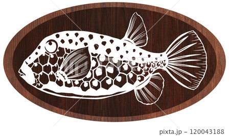 可愛い海水魚ハコフグのウッドペインティング切り絵イラスト 可愛い海水魚ハコフグのウッドペインティング切り絵イラスト 120043188