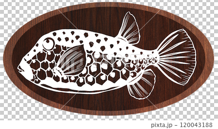 可愛い海水魚ハコフグのウッドペインティング切り絵イラスト 可愛い海水魚ハコフグのウッドペインティング切り絵イラスト 120043188