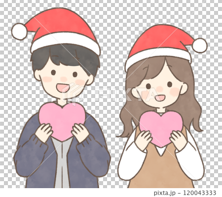 Men and women holding hearts, simple Santa hats 120043333