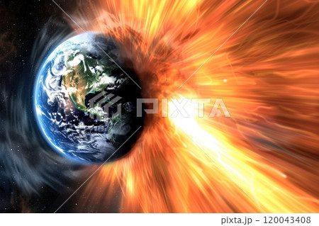 Striking of geomagnetic magnetic storm powerful solar phenomena that impact satellite communications, gps navigation, power grids, emphasizing significance of space weather research, preparedness. 120043408
