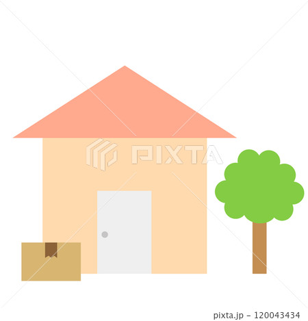 一軒家の玄関ドアの前に置かれた置き配の荷物のイラスト素材 120043434