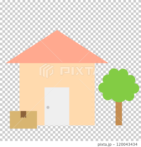 一軒家の玄関ドアの前に置かれた置き配の荷物のイラスト素材 120043434