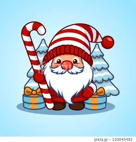 Cute Christmas Gnome With Big Candy Cane 120043482