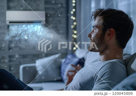 Cool air: air conditioner with ioniser and water vapour, concept of a cooling mechanism and pure air, the summer heat and maintain wellbeing at high temperatures 120043809