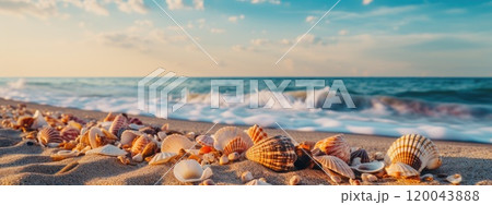 Coastal treasures - seashells and starfish and colored corals on the beach with sea foam, background, wallpaper, banner design, ideal for posters, cards, flyers, greetings with ample copy space. Coastal treasures - seashells and starfish and colored corals on the beach with sea foam, background, wallpaper, banner design, ideal for posters, cards, flyers, greetings with ample copy space. 120043888