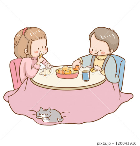 こたつでミカンを食べる2人 120043910