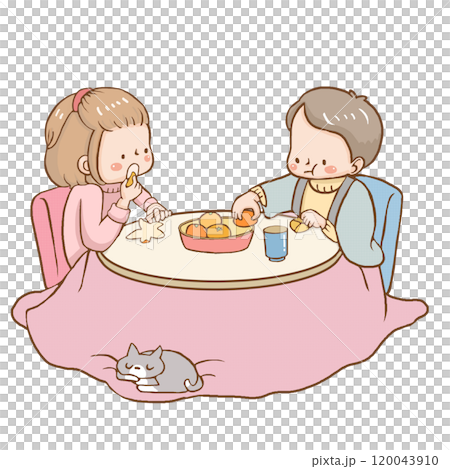 こたつでミカンを食べる2人 120043910