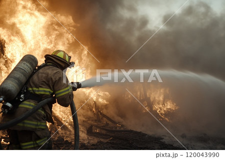 Heroic firefighter: brave fireman demonstrating courage, determination in face of danger, embodying strength, dedication required to protect lives, property during critical emergency situations. Heroic firefighter: brave fireman demonstrating courage, determination in face of danger, embodying strength, dedication required to protect lives, property during critical emergency situations. 120043990