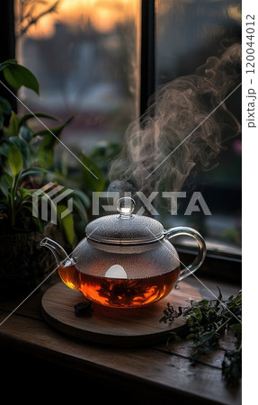 Healing brew: fragrant tea steeping , embodying warmth, comfort, and tranquility, inviting moments of reflection and connection through the ancient ritual of enjoying this cherished beverage. 120044012