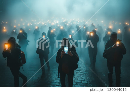 Smartphone impact: person engaged with their mobile device showing how technology reshapes lives, from social media engagement to real-time sharing, influence of mobile phones on modern communication. 120044013