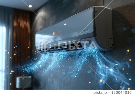 Chilled tranquility: air conditioner with ioniser and water vapour, the concept of cooling efficiency and pure air, enduring the summer warmth and maintaining comfort during high temperatures. 120044036