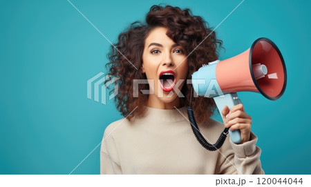 Dynamic announcement - smiling young woman with megaphone promoting sale offers on single colour background, ideal for banner design or with space for text, emphasizing enthusiasm and engagement 120044044