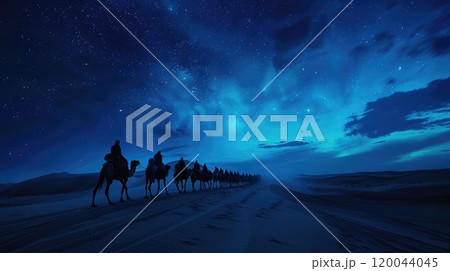 Journey through the desert: caravan of camels advancing steadily across barren landscape, evoking spirit of ancient trade, cultural exchange amidst unforgiving beauty of sand and sky. 120044045