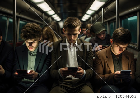 Commuting scene - rush hour train cabin is packed with individuals, each engrossed in mobile phone screens, modern day routine of digital engagement and the bustling atmosphere of daily travel. 120044053