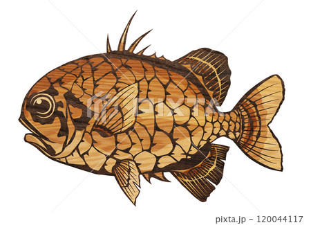 堅い鱗に身を包んだマツカサウオの切り絵イラスト 120044117