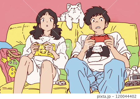 仲良くゲームをするカップル 120044402