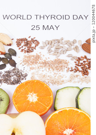 Inscription World Thyroid Day 25 May and best ingredients for healthy thyroid. White background Inscription World Thyroid Day 25 May and best ingredients for healthy thyroid. White background 120044678