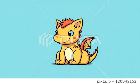 A cartoon dragon with a pink and blue body and yellow horns. A cartoon dragon with a pink and blue body and yellow horns. 120045152