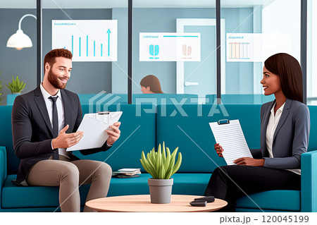 Three women are sitting in chairs in a room, each holding a piece of paper. 120045199