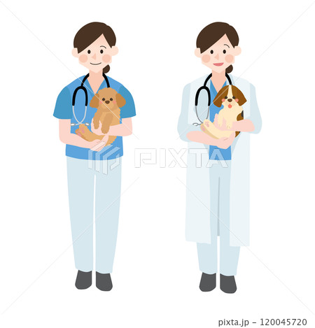 犬を抱っこした女性獣医師さん　手描きベクターイラスト 120045720