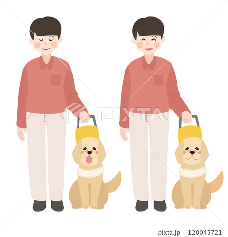 盲導犬・介助犬を連れた女性　手描きベクターイラスト 120045721
