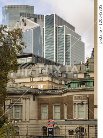 Exterior view of Trinity House with Skyscrapers background in the City of London at the daytime. 120045805