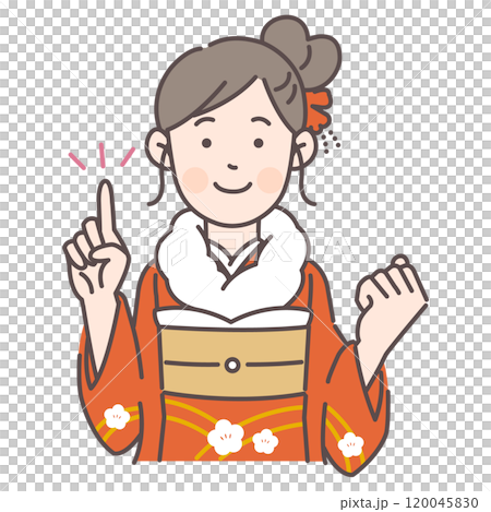 一個穿著長袖和服的女人指著 一個穿著長袖和服的女人指著 120045830