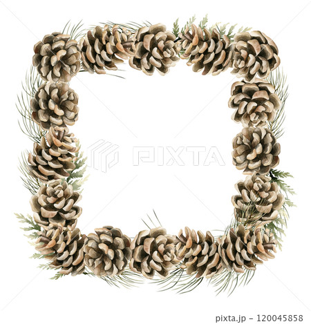 Pine Cone Frame with pine and cedar branches. Watercolor hand painted isolated floral illustrations for Christmas design, winter or autumn decor, botanical posters, holiday prints, greeting cards Pine Cone Frame with pine and cedar branches. Watercolor hand painted isolated floral illustrations for Christmas design, winter or autumn decor, botanical posters, holiday prints, greeting cards 120045858