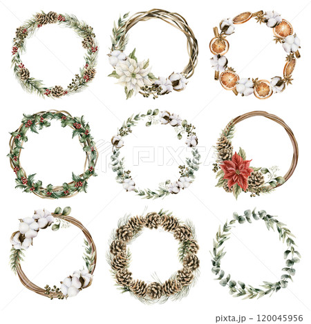 Christmas Wreaths with traditional winter plants. Holiday home decors. Set of watercolor hand painted isolated rustic floral illustrations for Christmas winter design, holiday prints and cards 120045956