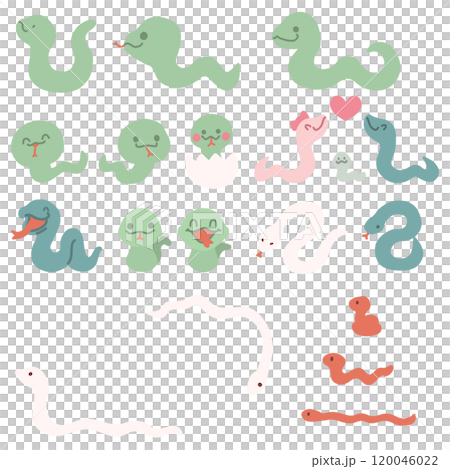 A set of various deformed snake character illustrations 120046022