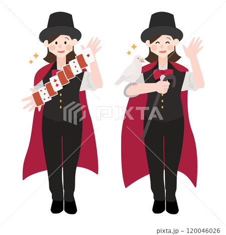 ショーでマジックを披露するマジシャンの女性　手描きベクターイラスト 120046026